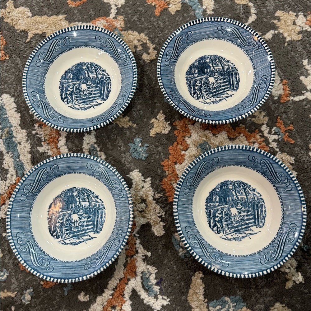 4 Vtg Currier & Ives Berry Bowls Girl On The Fence Blue White plates no chips